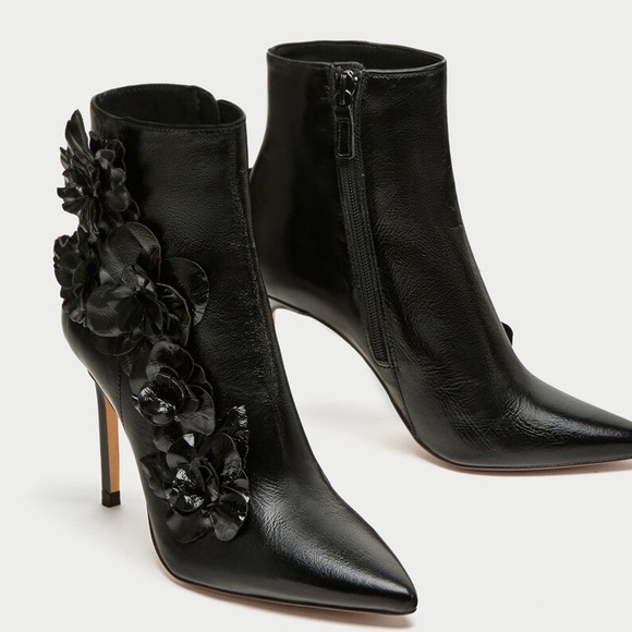 Zara Leather High Heel Ankle Boots with Flowers - Picture 2 of 8